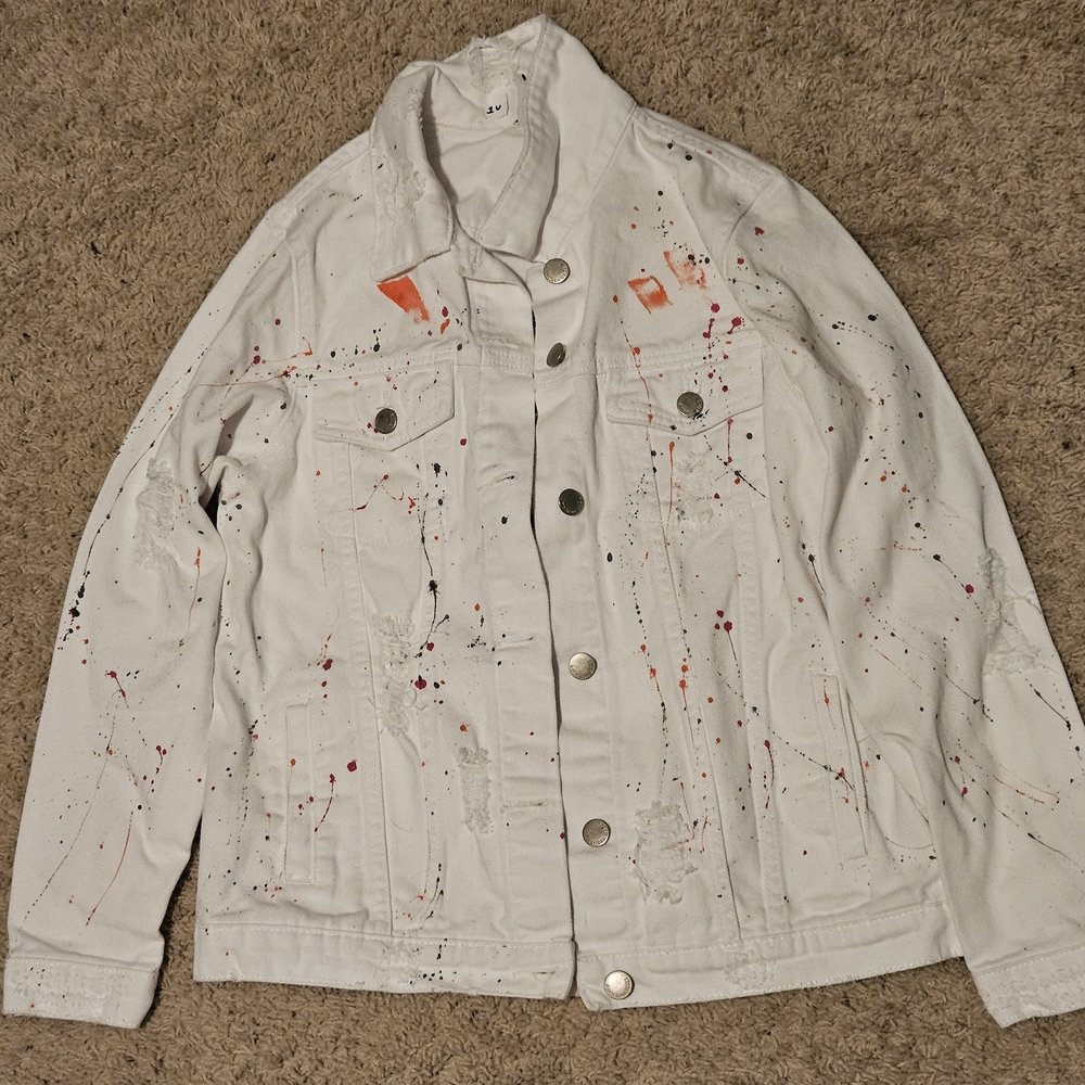 American Bazi White Artistic Splatter Jean Jacket Faux Blood Or Paint Splatter